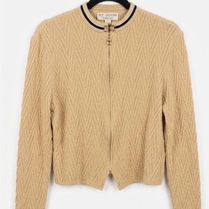 St. John Beige Chevron Knit Zip Jacket with Contrast Trim
